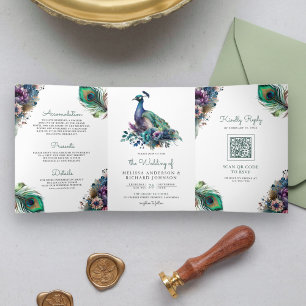 Aquarell-Pfau-Blumenfeder-QR-Code-Hochzeit Dreifach Gefaltete Einladung