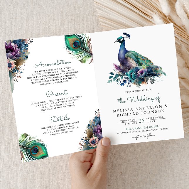 Aquarell-Pfau-Blumenfeder-QR-Code-Hochzeit Einladung (Von Creator hochgeladen)