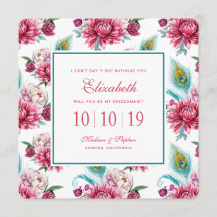 Aquarell-Pfau & rote Blumen - Brautjungfer Einladung