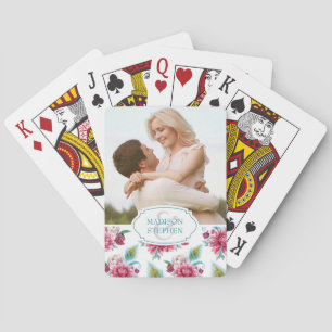 Aquarell-Pfau & rote Blüten - Hochzeitsfoto Spielkarten