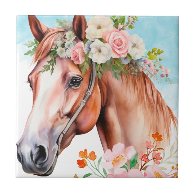 Aquarell-Pferd-Blumen-Dekorative Keramikfliese (Vorderseite)