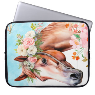 Aquarell-Pferd-Blumen-Laptop-Hülle Laptopschutzhülle