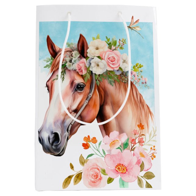 Aquarell-Pferd-Blumen  Mittlere Geschenktüte (Vorderseite)