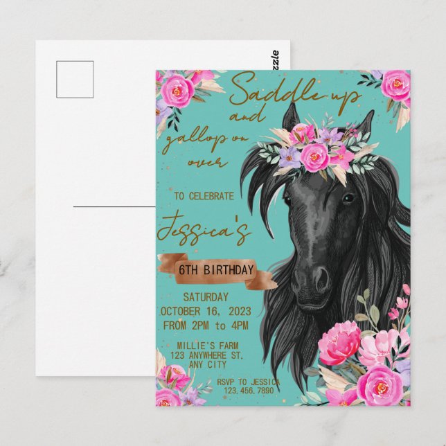 Aquarell Pferd Geburtstag Cowgirl Postkarte (Vorne/Hinten)