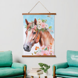 Aquarell-Pferd-und-Blumen-Teppich Wandteppich Mit Holzrahmen