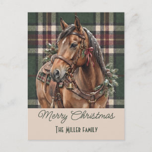 Aquarell-Pferd Vintage-Karo-Weihnachten nach Maß Feiertagspostkarte