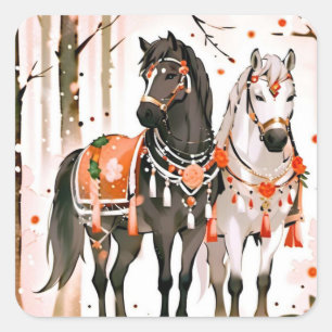Aquarell-Pferde im Herbstlaub: Gemütliche Herbstku Quadratischer Aufkleber