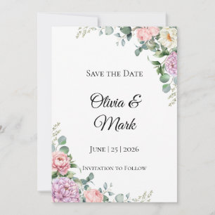 Aquarell-Pfingstrose- und Eukalyptus-Sparen Sie da Save The Date