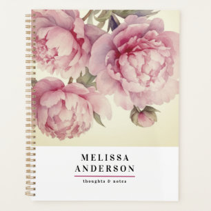 Aquarell-Pfingstrosen-Blumen und -Blattwerk elegan Planer