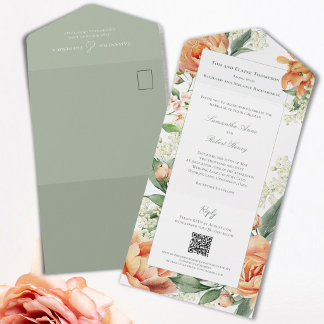 Aquarell-Pfirsich-Blumen-Hochzeit Alles in Einem  All In One Einladung
