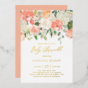 Aquarell-Pfirsich- und Elfenblumen-Baby-Sprinkle-E Folieneinladung