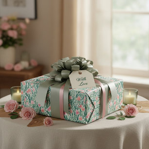 Aquarell-Pfirsich- und grünes Blumenmuster Geschenkpapier