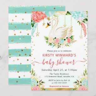 Aquarell Pfirsich- und Minzblumen Schwan Baby Show Einladung