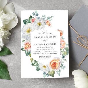 Aquarell-Pfirsich- und weiße Blumenrahmen-Hochzeit Einladung