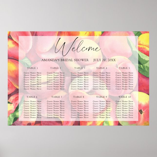 Aquarell-Pfirsiche Hochzeit Sitzordnung Poster (Vorne)