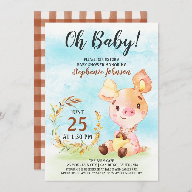 Aquarell Piggy Baby Duschfarm Einladung (Vorne/Hinten)