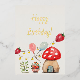 Aquarell-Pilz und Erdbeeren Süße Party Folieneinladung