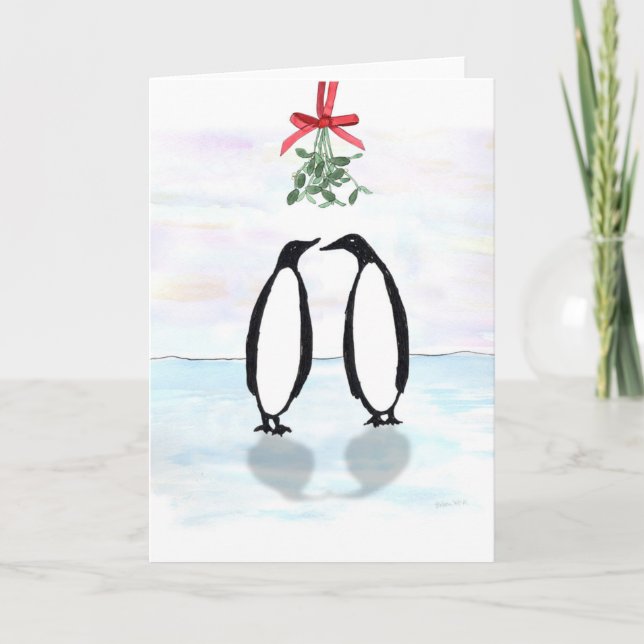 Aquarell-Pinguine mit Feiertags-Mistelzweig Feiertagskarte (Vorderseite)