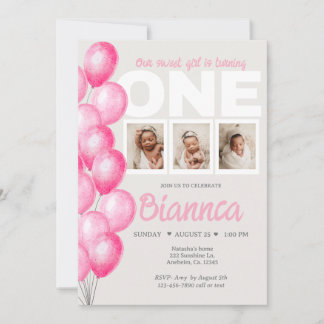 Aquarell Pink Ballon Foto Erster Geburtstag Einladung