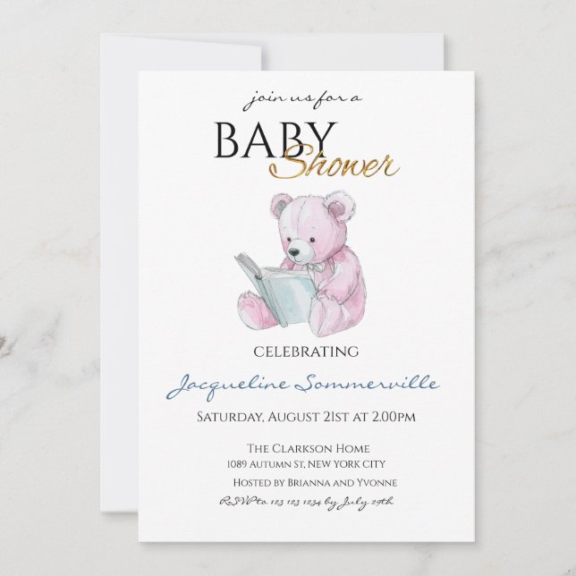 Aquarell Pink Bear Baby Dusche Es ist ein Mädchen Einladung (Vorderseite)