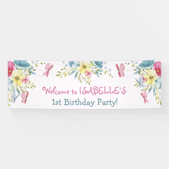 Aquarell Pink Blue Florals Butterfisch Geburtstag Banner (Horizontal)