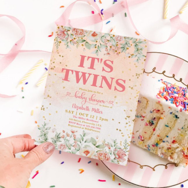 Aquarell Pink Blume Bloom Twin Girl Babydusche Einladung (Von Creator hochgeladen)