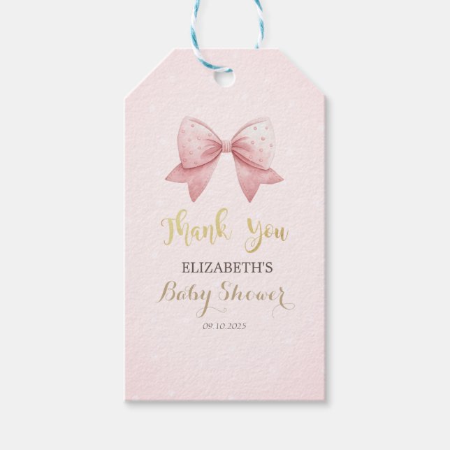 Aquarell Pink Bow Dots Baby Dusche Geschenkanhänger (Vorderseite)