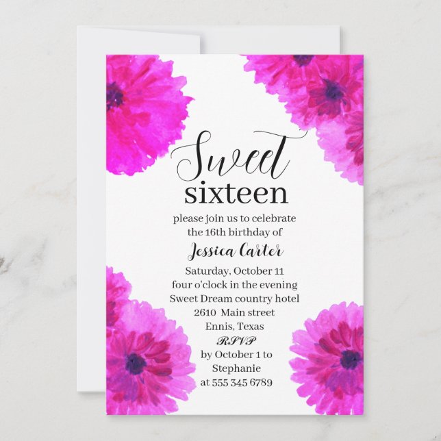 Aquarell Pink Dahlia Daisy Sweet 16 16 Einladung (Vorderseite)