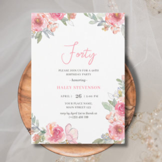 Aquarell Pink Floral Forty Boho Chic Geburtstag Einladung
