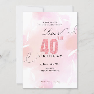 Aquarell Pink Glitzer 40. Geburtstag Einladung