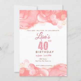 Aquarell Pink Glitzer 40. Geburtstag Einladung