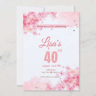 Aquarell Pink Glitzer 40. Geburtstag Einladung