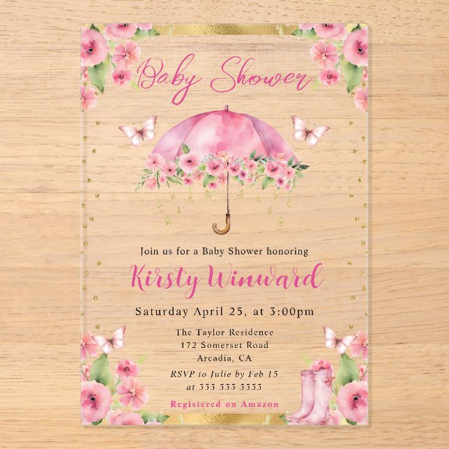 Aquarell Pink Gold Frühlingsschirm Babydusche Acryleinladungen (Vorderseite)