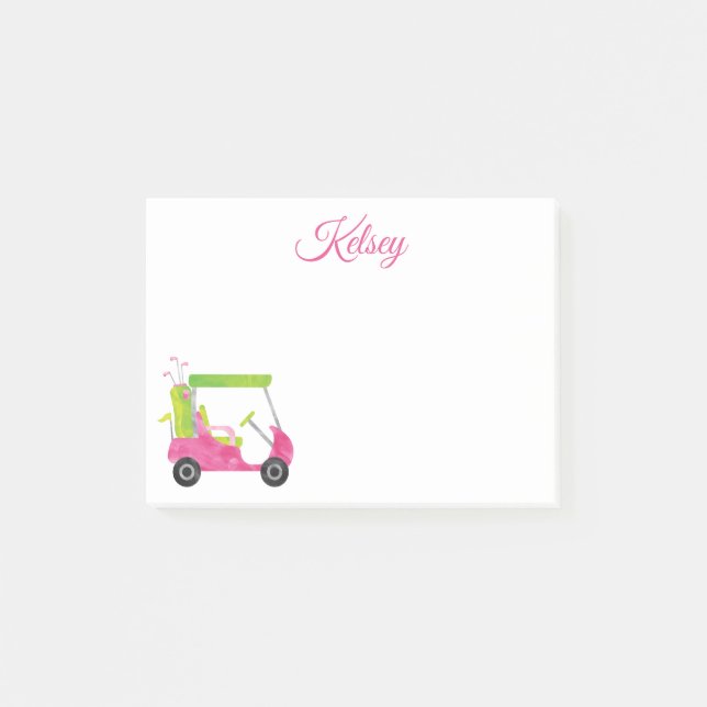 Aquarell Pink Golf Cart Personalisiert Post-it Klebezettel (Vorderseite)