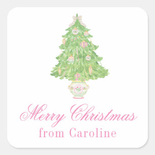 Aquarell Pink & Green Weihnachtsginger Jar Tree Quadratischer Aufkleber