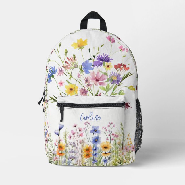 Aquarell Pink Lila Gelbe Wildblumen Garten Bedruckter Rucksack (Vorderseite)