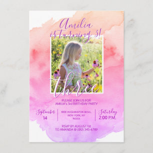 Aquarell Pink Lila Girl 3. BIRTHTAG Party Einladung
