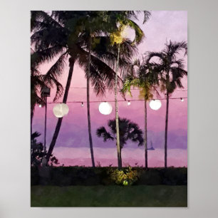 Aquarell Pink Palm Tropical Beach Sonnenuntergang  Poster