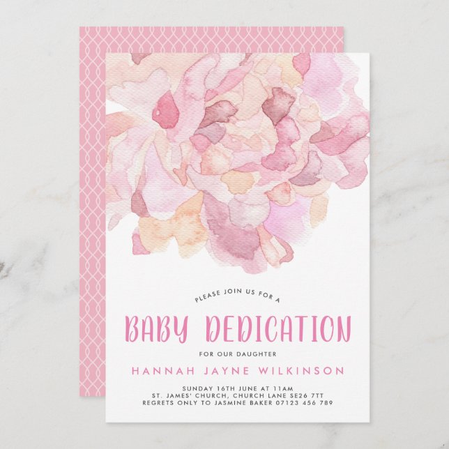 Aquarell Pink Peony Baby Dedication Einladung (Vorne/Hinten)