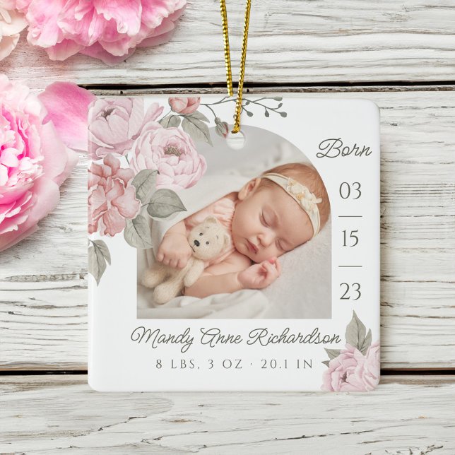 Aquarell Pink Peony Floral Baby Birth Stat Foto Keramikornament (Watercolor Pink Peony Floral Baby Birth Stat Photo Ceramic Ornament)