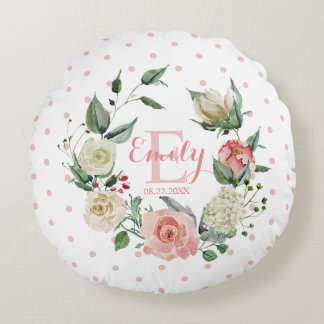 Aquarell Pink Polka Dots Floral Baby Girl Rundes Kissen