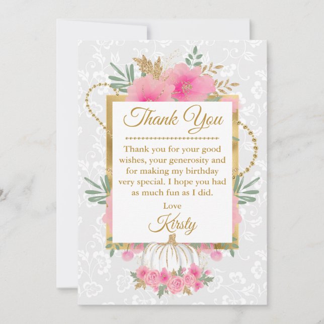 Aquarell Pink Pumpkin Blume Gold Foil Sweet 16 Dankeskarte (Vorderseite)