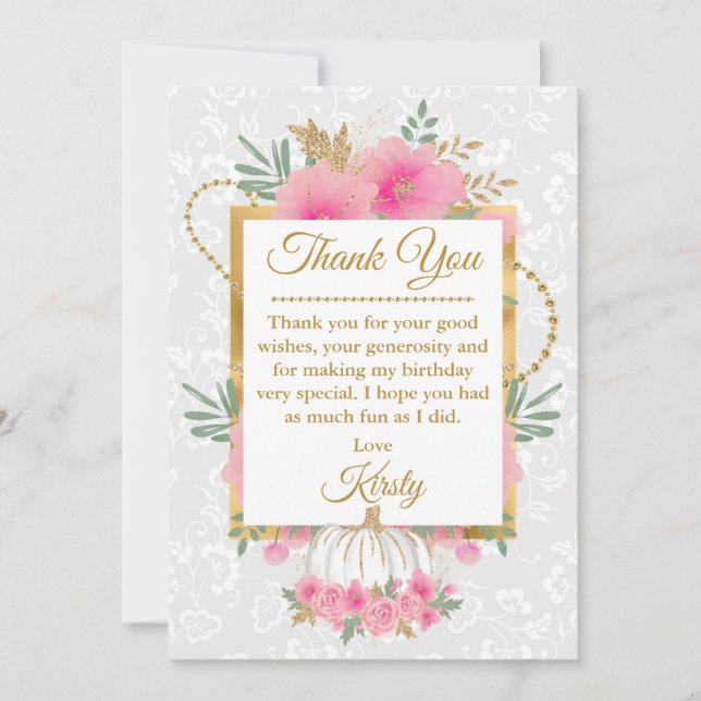 Aquarell Pink Pumpkin Blume Goldene Fohlen Geburts Dankeskarte (Vorderseite)