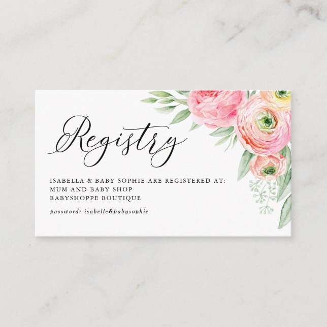 Aquarell Pink Ranunculus Baby Showregister Begleitkarte (Vorderseite)