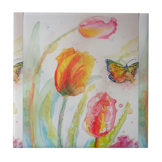 Aquarell Pink Tulip Floral Keramik Tile Fliese (Vorderseite)