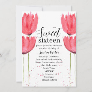 Aquarell Pink tulips Floral Sweet 16 Sechzehn Einladung