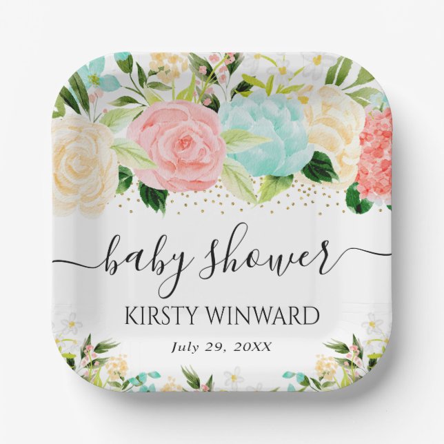 Aquarell Pink und Minze Blume Kinderdusche Pappteller (Vorderseite)