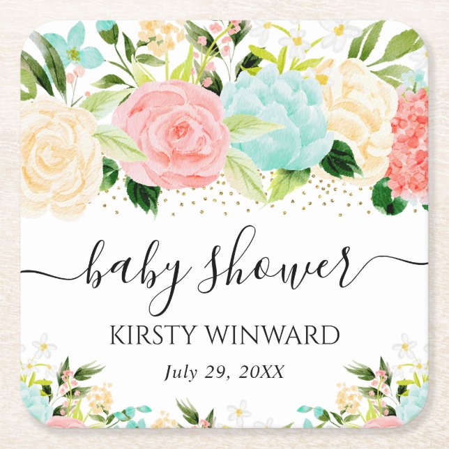 Aquarell Pink und Minze Blume Kinderdusche Rechteckiger Pappuntersetzer (Vorderseite)