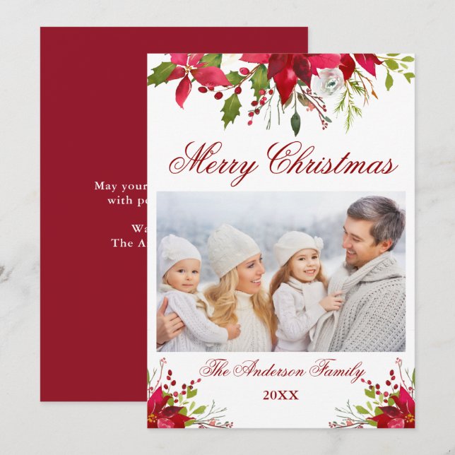 Aquarell Poinsettia Blumenkohl Weihnachtskarte Fot Einladung (Vorne/Hinten)