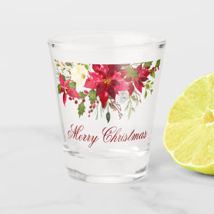 Aquarell-Poinsettia-Blumenweihnachtsrot-Skript Schnapsglas